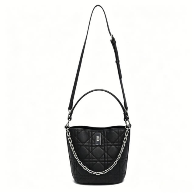 Genuine Leather Quilted Bucket Crossbody Bag, Women's Black Multi-Way Bag with Chain Detail & Adjustable Strap, OEM/ODM Customizable