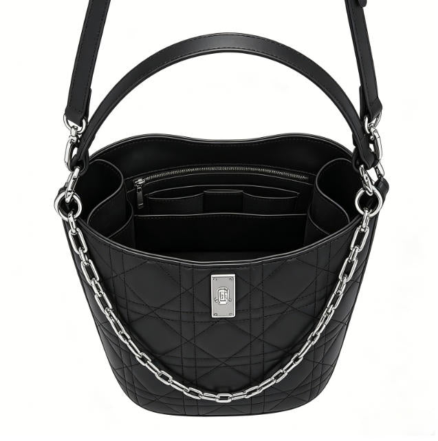 Genuine Leather Quilted Bucket Crossbody Bag, Women's Black Multi-Way Bag with Chain Detail & Adjustable Strap, OEM/ODM Customizable