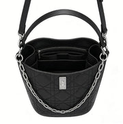 Genuine Leather Quilted Bucket Crossbody Bag, Women's Black Multi-Way Bag with Chain Detail & Adjustable Strap, OEM/ODM Customizable