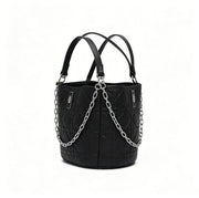 Genuine Leather Quilted Bucket Crossbody Bag, Women's Black Multi-Way Bag with Chain Detail & Adjustable Strap, OEM/ODM Customizable