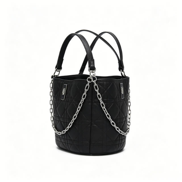 Genuine Leather Quilted Bucket Crossbody Bag, Women's Black Multi-Way Bag with Chain Detail & Adjustable Strap, OEM/ODM Customizable
