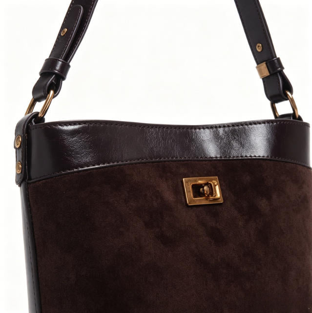 Retro Dark Brown Suede & Leather Bucket Shoulder Bag, Casual Crossbody Hobo Bag with Gold Accents
