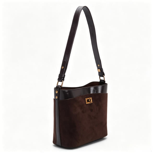 Retro Dark Brown Suede & Leather Bucket Shoulder Bag, Casual Crossbody Hobo Bag with Gold Accents