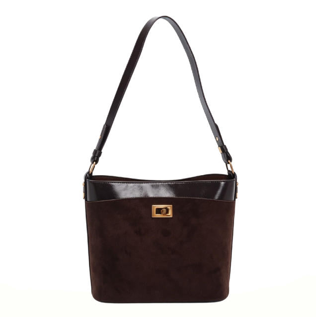 Retro Dark Brown Suede & Leather Bucket Shoulder Bag, Casual Crossbody Hobo Bag with Gold Accents