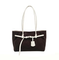 Elegant Dark Brown Canvas Tote Bag, Spacious Shoulder Work Bag with White Faux Leather Belt Detail