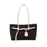 Elegant Dark Brown Canvas Tote Bag, Spacious Shoulder Work Bag with White Faux Leather Belt Detail
