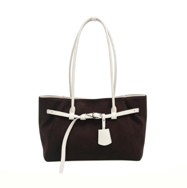 Elegant Dark Brown Canvas Tote Bag, Spacious Shoulder Work Bag with White Faux Leather Belt Detail