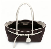 Elegant Dark Brown Canvas Tote Bag, Spacious Shoulder Work Bag with White Faux Leather Belt Detail