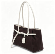 Elegant Dark Brown Canvas Tote Bag, Spacious Shoulder Work Bag with White Faux Leather Belt Detail