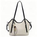 Casual Beige Canvas & Faux Leather Hobo Tote Bag, Multi-Way Shoulder & Crossbody Bag with Boho Charm