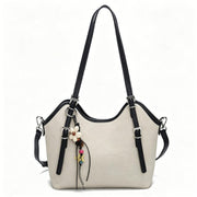 Casual Beige Canvas & Faux Leather Hobo Tote Bag, Multi-Way Shoulder & Crossbody Bag with Boho Charm