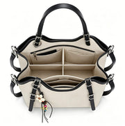 Casual Beige Canvas & Faux Leather Hobo Tote Bag, Multi-Way Shoulder & Crossbody Bag with Boho Charm