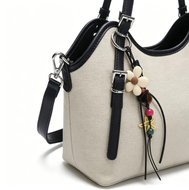 Casual Beige Canvas & Faux Leather Hobo Tote Bag, Multi-Way Shoulder & Crossbody Bag with Boho Charm