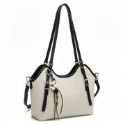 Casual Beige Canvas & Faux Leather Hobo Tote Bag, Multi-Way Shoulder & Crossbody Bag with Boho Charm