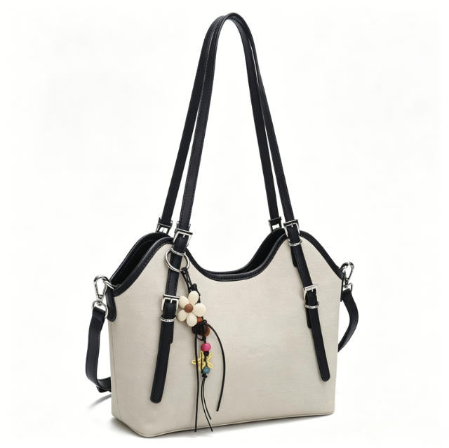 Casual Beige Canvas & Faux Leather Hobo Tote Bag, Multi-Way Shoulder & Crossbody Bag with Boho Charm