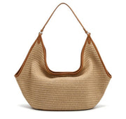 Boho Beige Woven Straw Hobo Bag, Large Casual Shoulder Tote with Faux Leather Trim for Summer