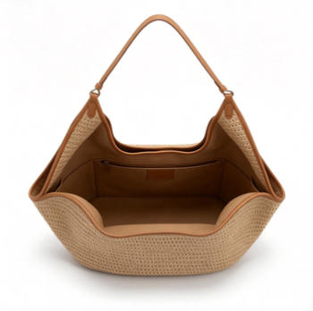 Boho Beige Woven Straw Hobo Bag, Large Casual Shoulder Tote with Faux Leather Trim for Summer