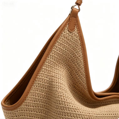 Boho Beige Woven Straw Hobo Bag, Large Casual Shoulder Tote with Faux Leather Trim for Summer