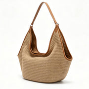 Boho Beige Woven Straw Hobo Bag, Large Casual Shoulder Tote with Faux Leather Trim for Summer