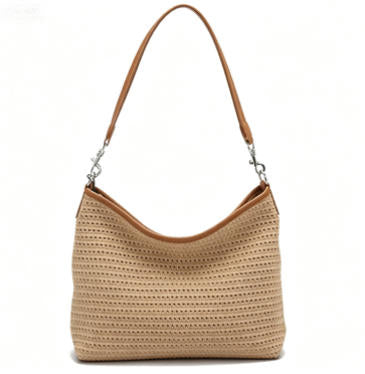 Casual Beige Woven Straw Shoulder Bag, Lightweight Crochet Hobo Tote with Faux Leather Trim for Summer