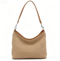 Casual Beige Woven Straw Shoulder Bag, Lightweight Crochet Hobo Tote with Faux Leather Trim for Summer