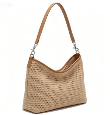 Casual Beige Woven Straw Shoulder Bag, Lightweight Crochet Hobo Tote with Faux Leather Trim for Summer