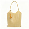 Elegant Light Yellow Faux Leather Bucket Tote Bag, Minimalist Shoulder Bag with Knotted Charm