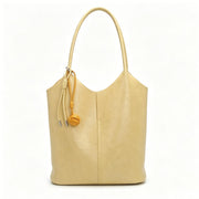 Elegant Light Yellow Faux Leather Bucket Tote Bag, Minimalist Shoulder Bag with Knotted Charm