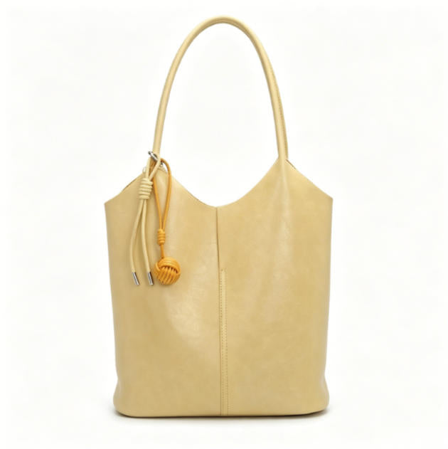 Elegant Light Yellow Faux Leather Bucket Tote Bag, Minimalist Shoulder Bag with Knotted Charm