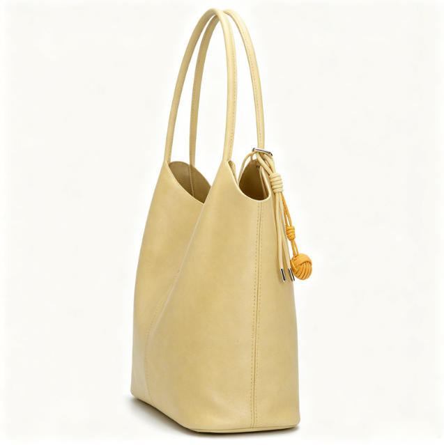 Elegant Light Yellow Faux Leather Bucket Tote Bag, Minimalist Shoulder Bag with Knotted Charm