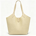 Minimalist Light Beige Woven Bucket Tote Bag, Spacious Everyday Shoulder Bag with Snap Closure