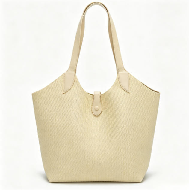 Minimalist Light Beige Woven Bucket Tote Bag, Spacious Everyday Shoulder Bag with Snap Closure