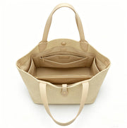 Minimalist Light Beige Woven Bucket Tote Bag, Spacious Everyday Shoulder Bag with Snap Closure
