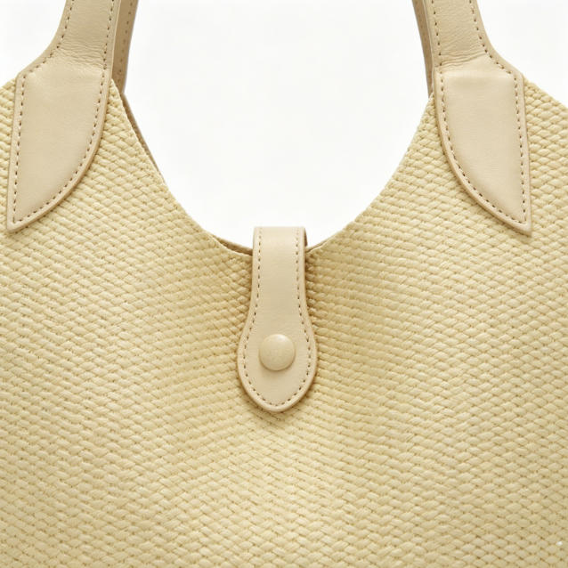 Minimalist Light Beige Woven Bucket Tote Bag, Spacious Everyday Shoulder Bag with Snap Closure