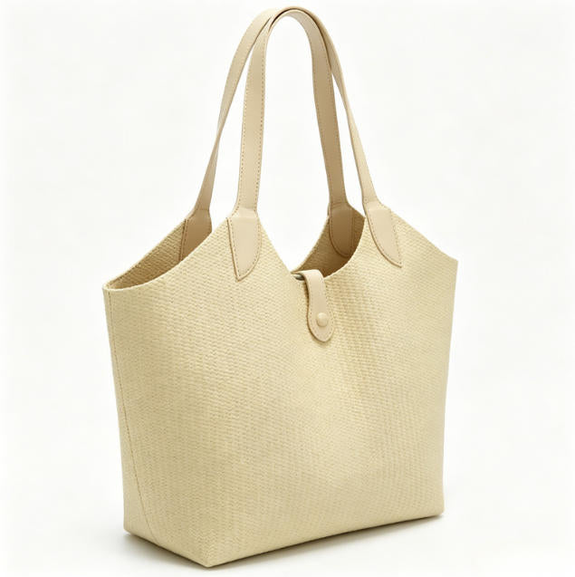 Minimalist Light Beige Woven Bucket Tote Bag, Spacious Everyday Shoulder Bag with Snap Closure