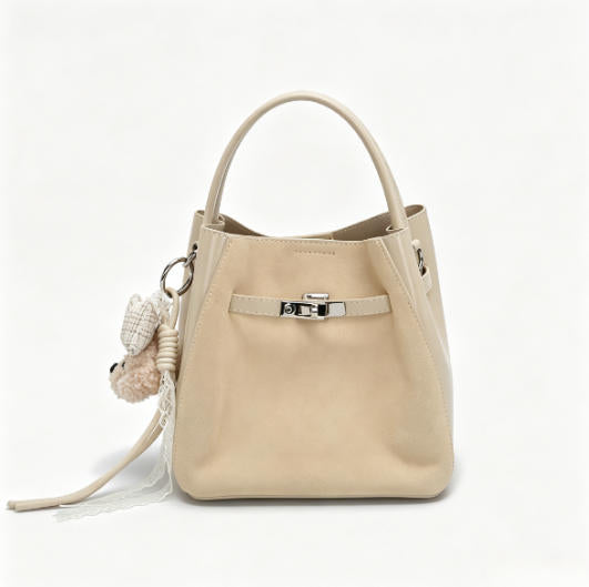 Cute Mini Beige Suede Bucket Bag, Multi-Way Crossbody & Top-Handle Bag with Teddy Charm