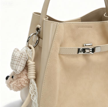 Cute Mini Beige Suede Bucket Bag, Multi-Way Crossbody & Top-Handle Bag with Teddy Charm