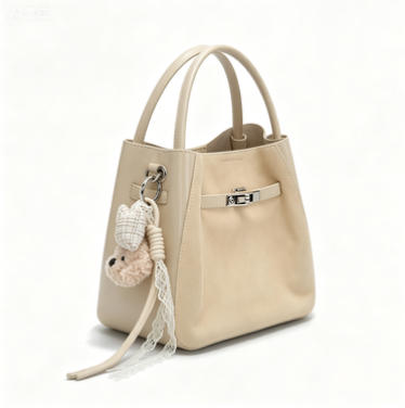 Cute Mini Beige Suede Bucket Bag, Multi-Way Crossbody & Top-Handle Bag with Teddy Charm