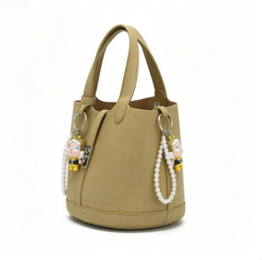 Cute Khaki Mini Bucket Bag, Multi-Way Faux Leather Tote with Pearl Chain & Doll Charm