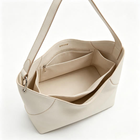 Minimalist Off-White Faux Leather Hobo Tote Bag, Spacious Everyday Shoulder Bag with Contrast Strap