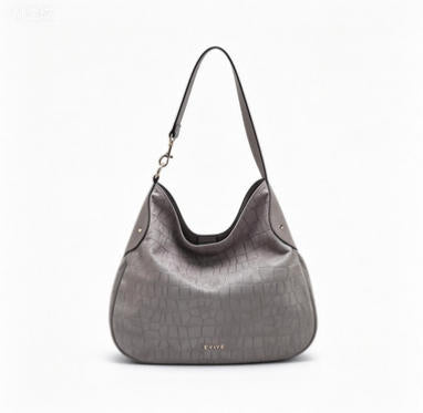 Chic Grey Croc-Embossed Hobo Tote Bag, Spacious Everyday Shoulder Bag with Gold Accents