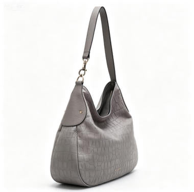 Chic Grey Croc-Embossed Hobo Tote Bag, Spacious Everyday Shoulder Bag with Gold Accents
