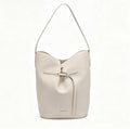 Minimalist Cream Bucket Tote Bag, Everyday Faux Leather Shoulder Bag with Belt Detail