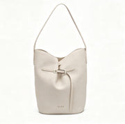 Minimalist Cream Bucket Tote Bag, Everyday Faux Leather Shoulder Bag with Belt Detail