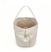 Minimalist Cream Bucket Tote Bag, Everyday Faux Leather Shoulder Bag with Belt Detail
