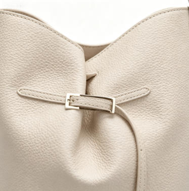 Minimalist Cream Bucket Tote Bag, Everyday Faux Leather Shoulder Bag with Belt Detail