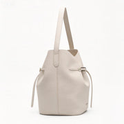 Minimalist Cream Bucket Tote Bag, Everyday Faux Leather Shoulder Bag with Belt Detail