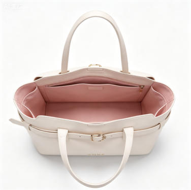 Elegant Cream Faux Leather Tote Bag, Work-Friendly Bucket Bag with Gold Buckle Detail