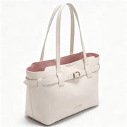 Elegant Cream Faux Leather Tote Bag, Work-Friendly Bucket Bag with Gold Buckle Detail