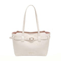 Elegant Cream Faux Leather Tote Bag, Work-Friendly Bucket Bag with Gold Buckle Detail